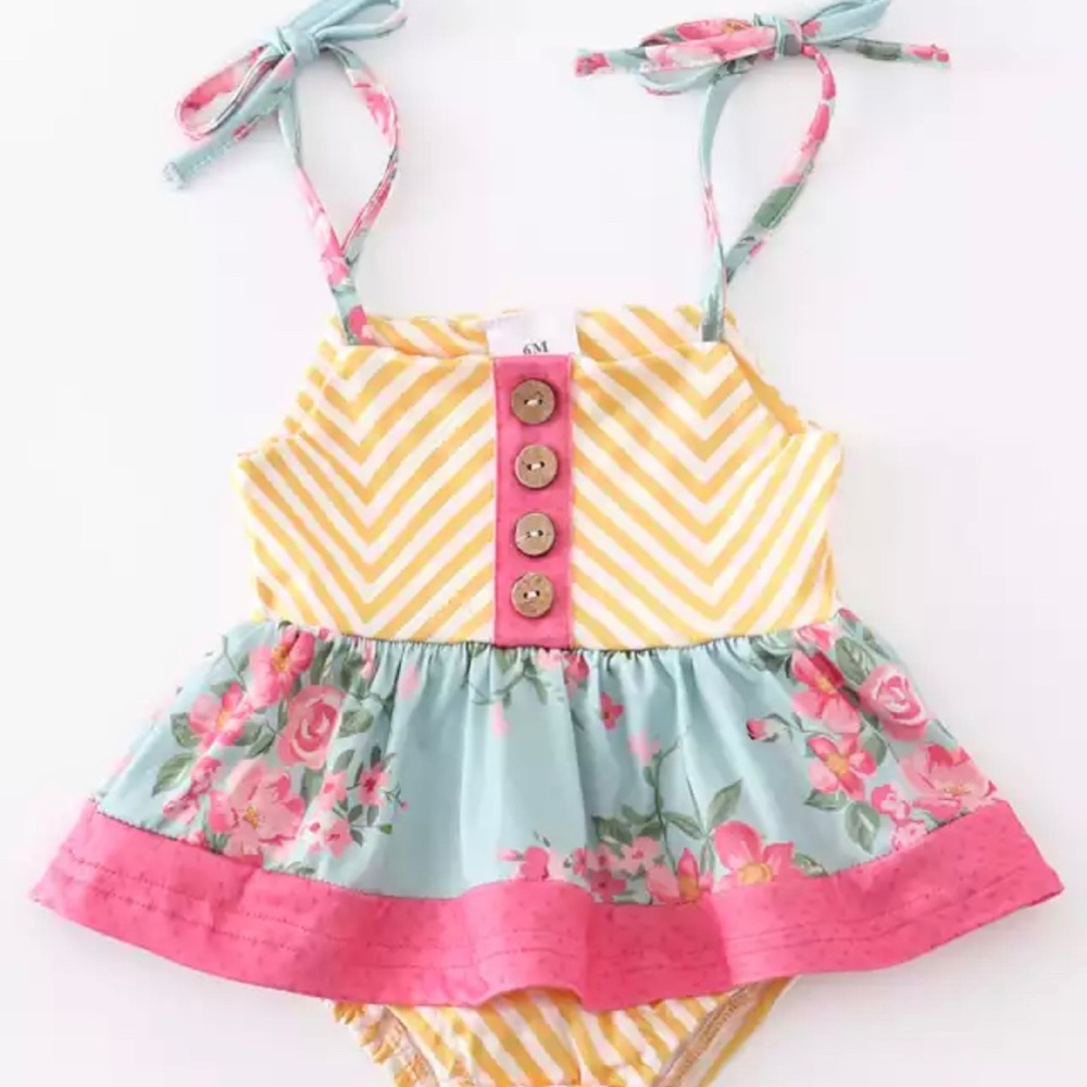 6/12M Baby Girl Yellow Striped Design Bubble Romper